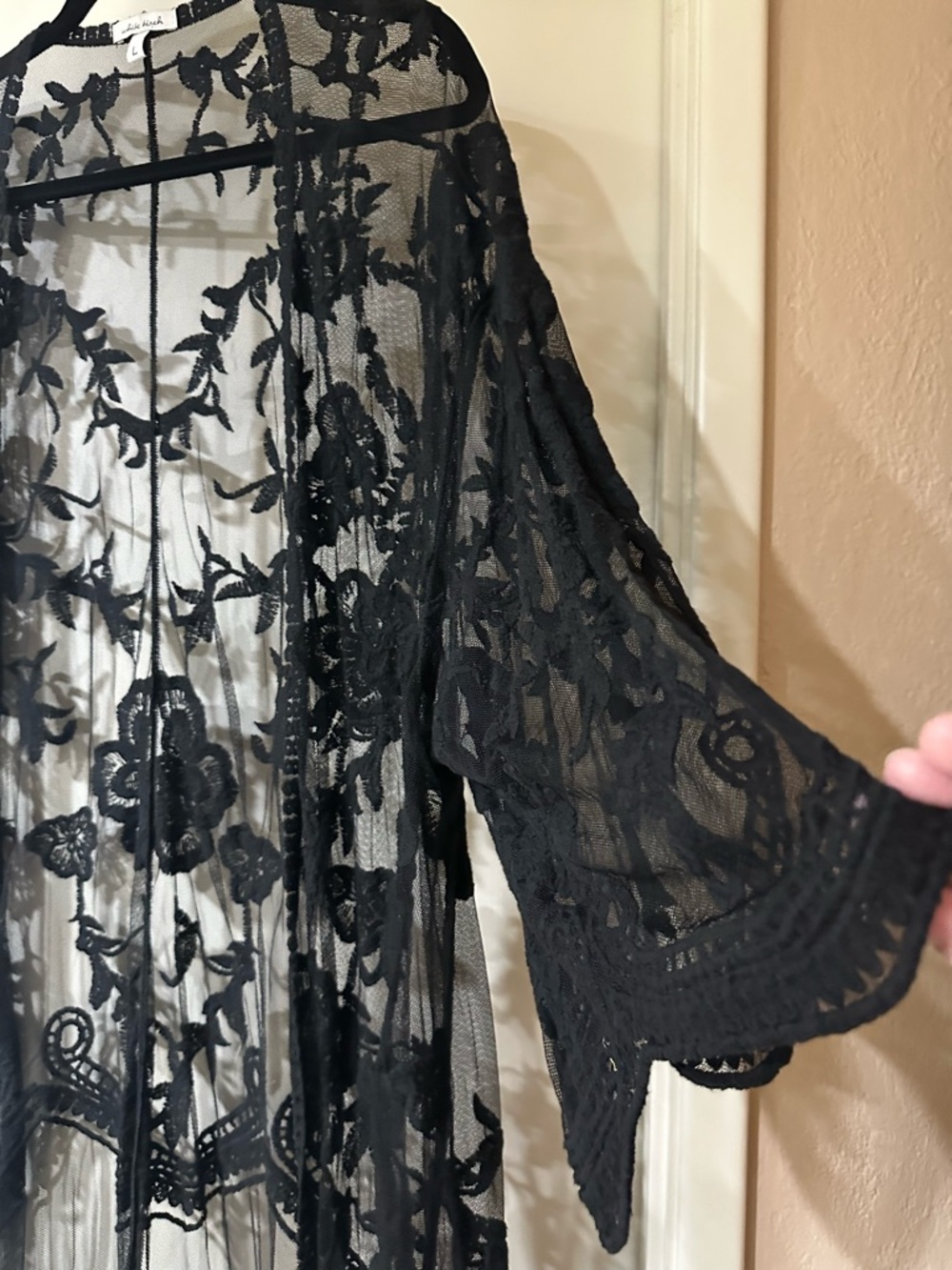 white birch Black Sheer Embroidered Lace Kimono - Picture 3 of 6